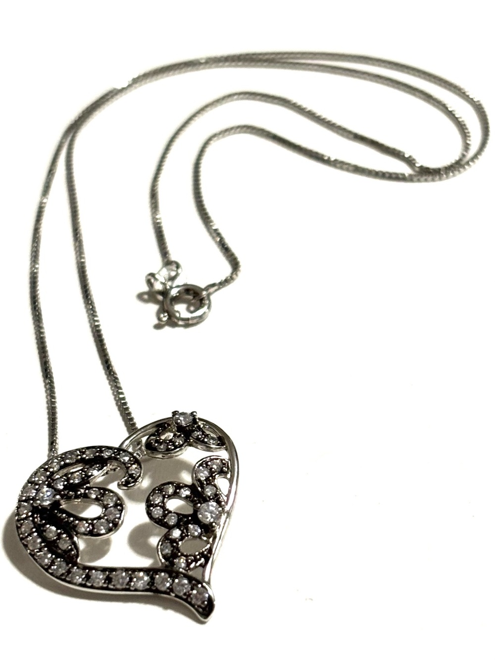 925 Sterling Silver Clear Stone Open Heart Pendant Necklace 20”